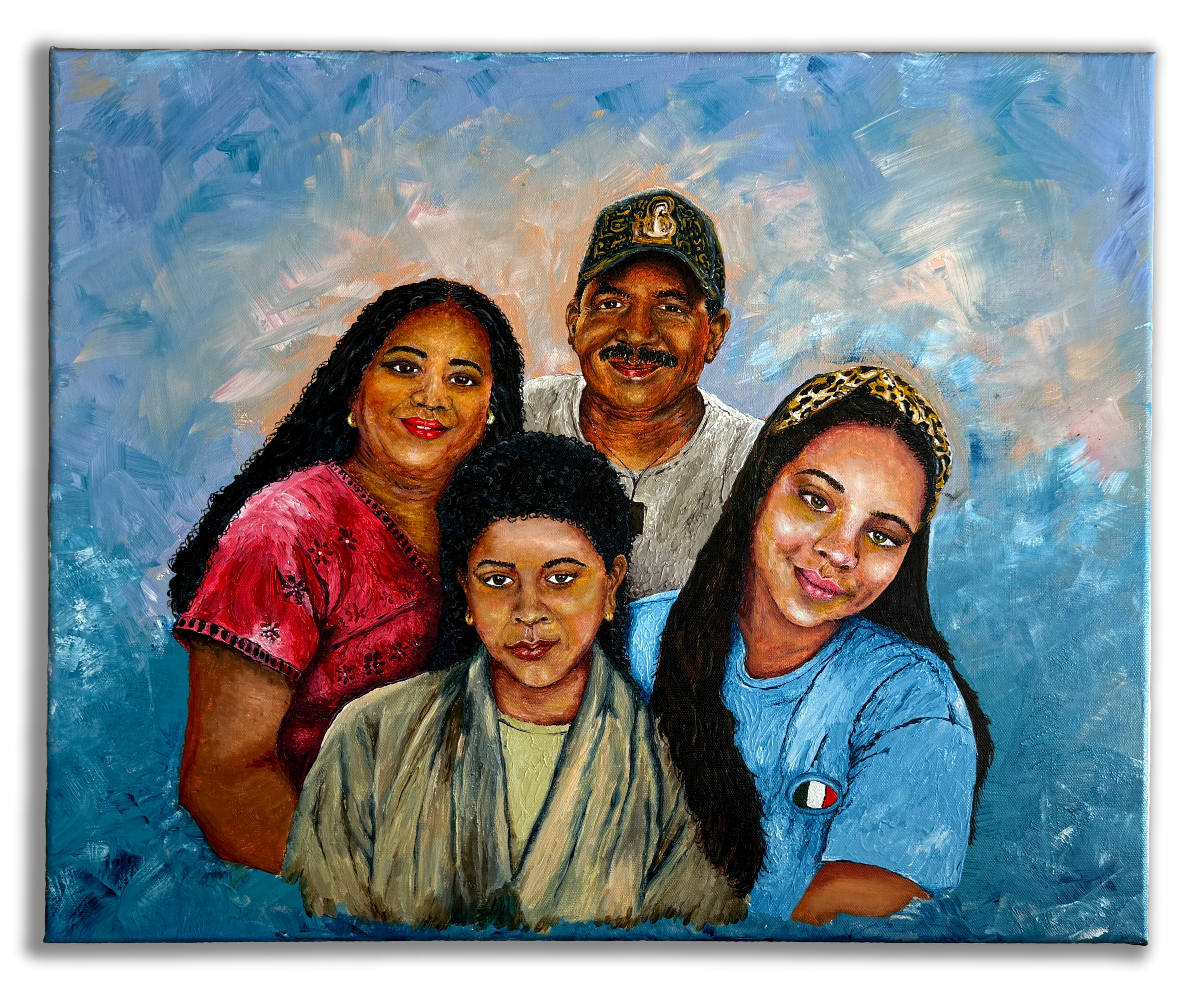 Acrylic portrait of four family members from different generations gathered closely together against a textured blue-gray background.