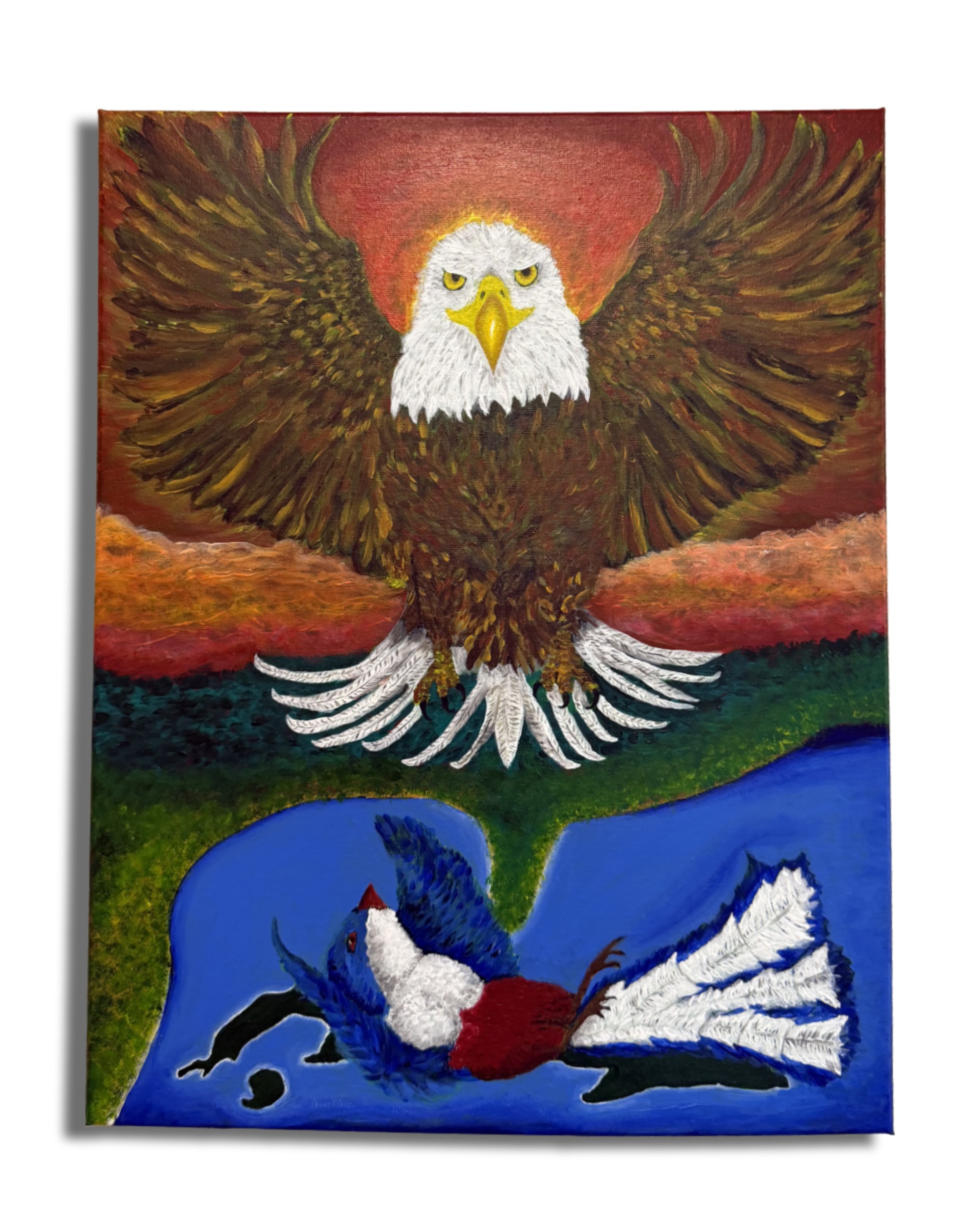Original painting of a Cuban tocororo bird resting after a fall, exploring themes of transformation, displacement, memory, and renewal.