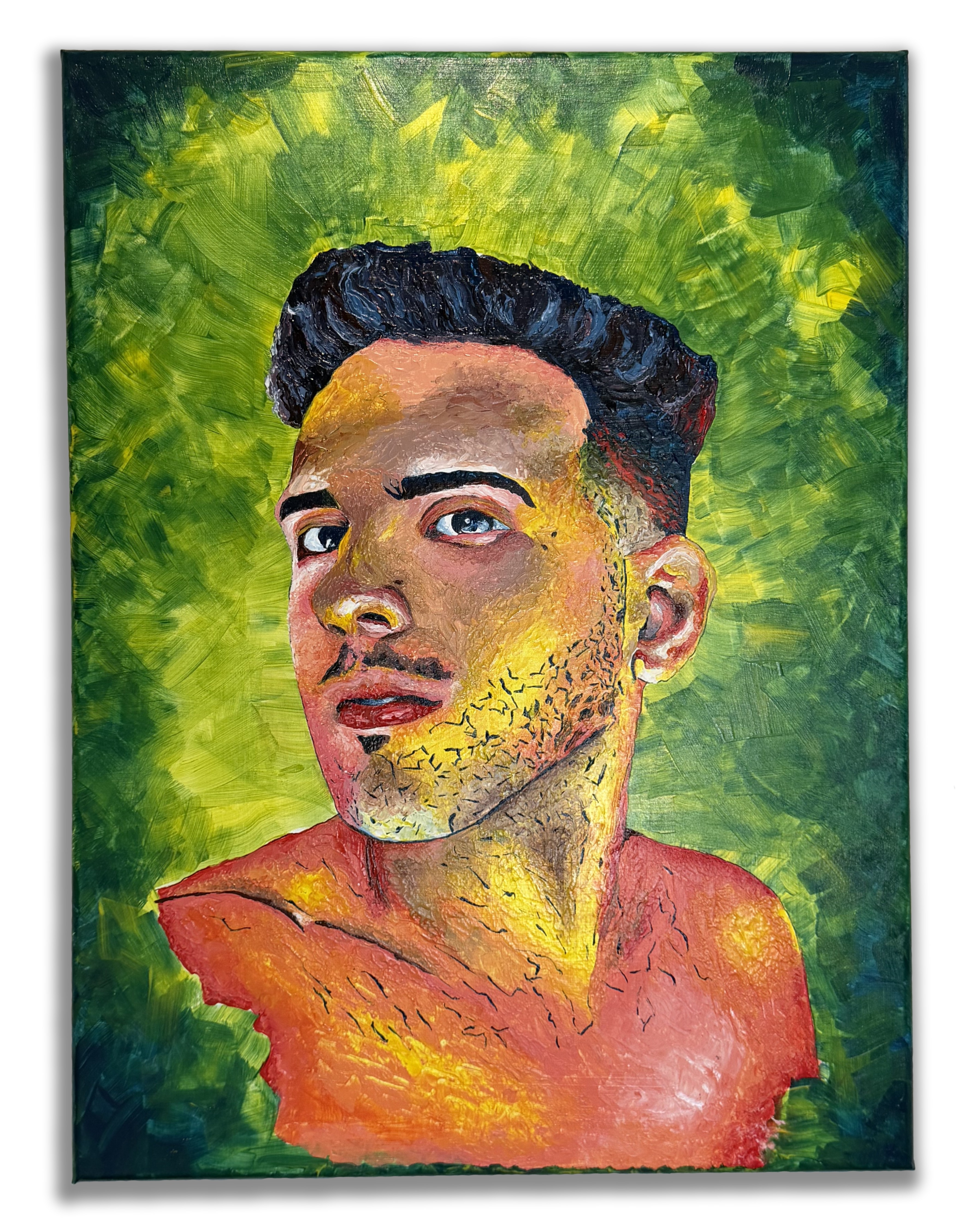 Original self-portrait exploring identity, memory, and the quiet process of becoming through expressive color and contemporary realism.